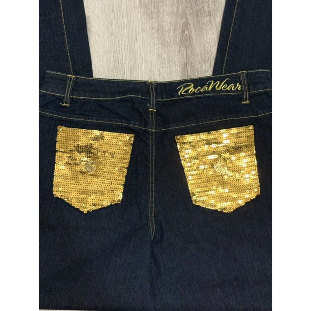 Vintage ROCAWEAR Blue/Gold Denim Jeans Flare Women's Size 16 Dark Wash